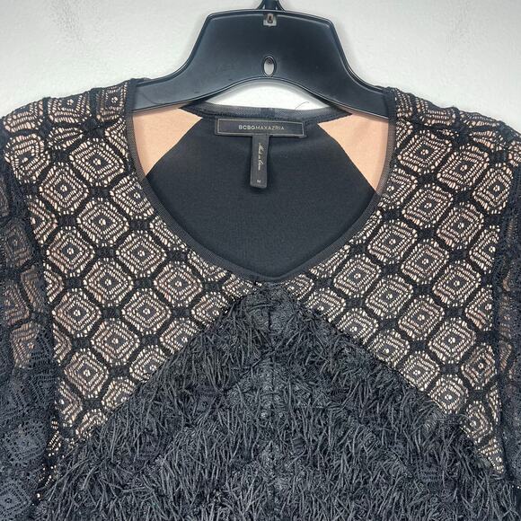 BCBGMaxAzria Black Velma Long-Sleeve Fringe Dress LBD Little Black Dress Size M - Picture 3 of 15